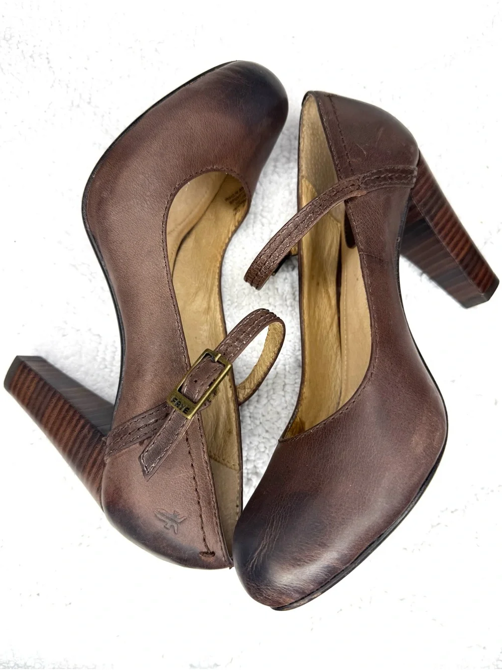 Frye Miranda Mary Jane Pumps Brown Leather Block Heels Womens 6.5 M